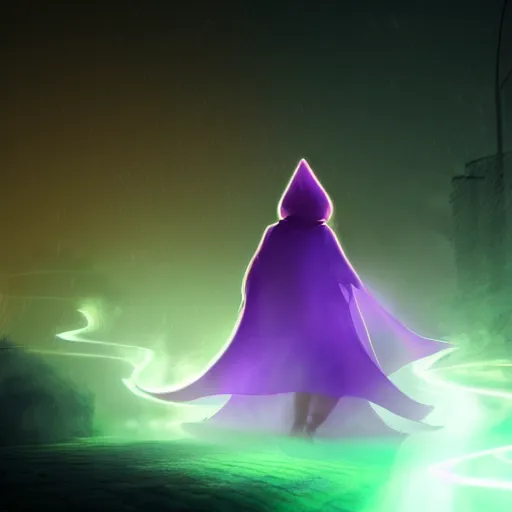 Prompt: luminescent purple wizard, cartoon style, female, dark background, volumetric fog, 4K