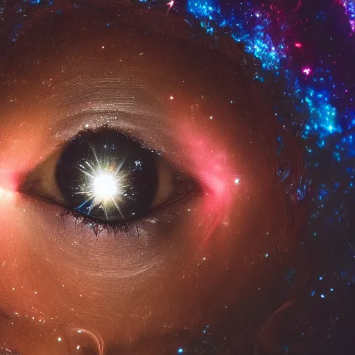 Prompt: close - up photo of woman's eyes filled with cosmic nebula, wonder, awe, dramatic