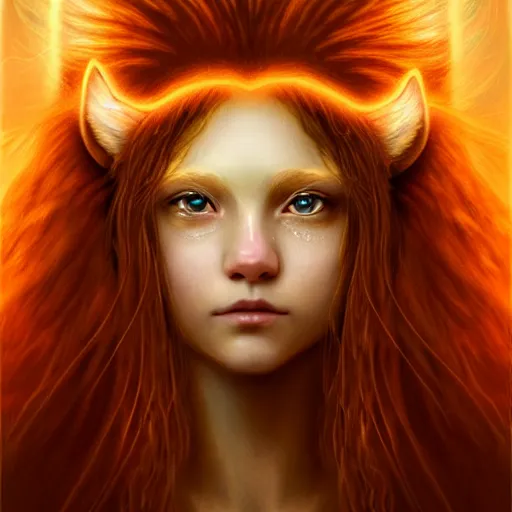 Image similar to Portrait of a girl angel with pale orange colored frizzy strands of illuminated hair, cat ears on her head, glowing halo, Lion's Mane, Lion's Gate, fantasy, intricate, elegant, highly detailed, digital painting, artstation, concept art, smooth, sharp focus, illustration, art by Krenz Cushart and Artem Demura and alphonse mucha