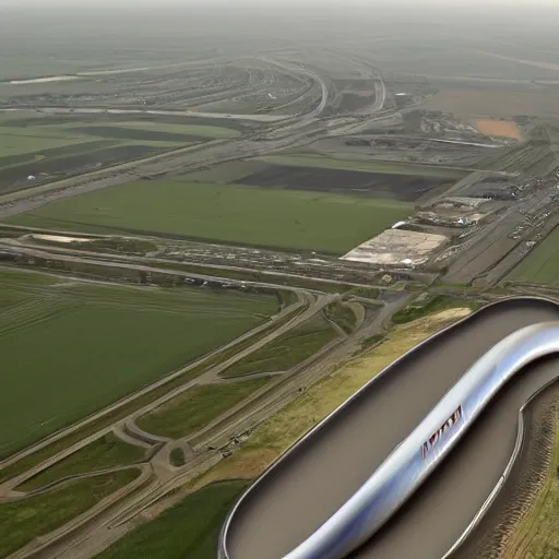 Prompt: Aerial photography depicting Hyperloop in the Netherlands. Far view, humidity haze. VX video camera still