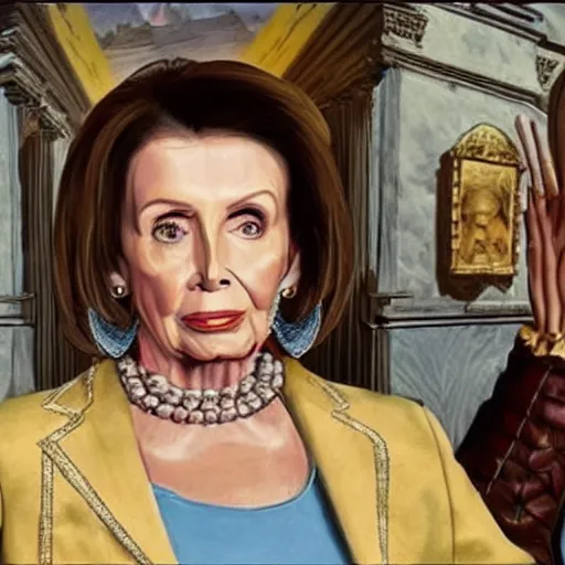 Prompt: nancy pelosi standing in front of 1 6 th century backdrop replacing vigo the carpathian, scourge of moldavia. she ominously stares. painting by lou police for ghostbusters 2.