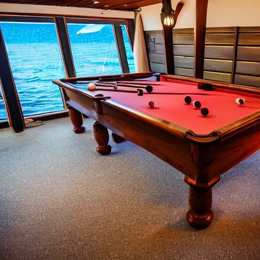 Prompt: a small sloop in which a large billiards table is placed. on the billiards table are twenty balls. focus on the billiards table with extremely high detail. the sloop is on the ocean. the weather is bad and cloudy. professional lighting.