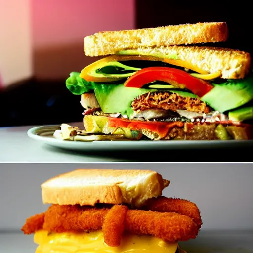 Image similar to sandwich with fried tofu, one tomato slice, one onion ring, avocado, melted cheddar, over a dish that is over a table, with a sunset and rainbow in the background with saturn and stars in the sky