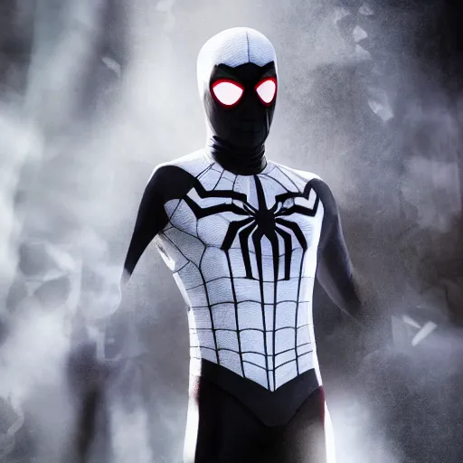 Image similar to white spider - man suit with black web lining, cinematic, volumetric lighting, realistic, hyperdetailed, photorealistic, photograph