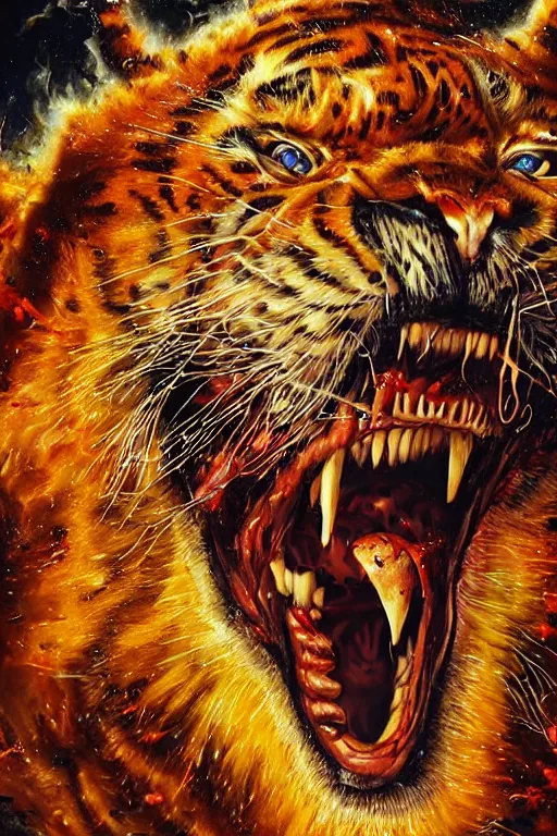 Prompt: uhd hyperrealistic photorealisitc hyperdetailed detailed tony the tiger exploding, puking blood, screaming, with sparking circuits, studio lighting, by ayami kojima amano karol bak, greg hildebrandt and mark brooks