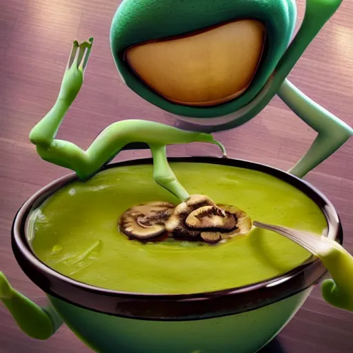 Image similar to a modernized alien enjoying himself a bowl of split pea mushroom soup a 5 star restaurant in the bronx, photorealistic, highly detailed, photography, refined spontaneity