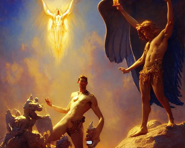 Image similar to grandiose male deity, casting demonic magic, summoning handsome lucifer morning star. highly detailed painting by gaston bussiere, craig mullins, j. c. leyendecker 8 k