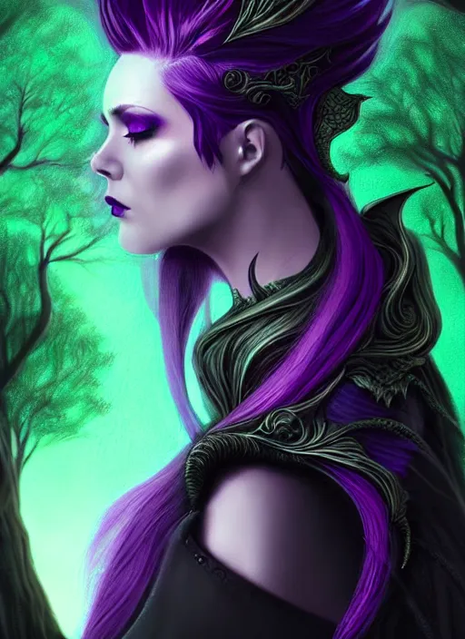 Prompt: side portrait dark queen, witch outfit large cloak, fantasy forest landscape, dragon scales, fantasy magic, undercut hairstyle, short purple black fade hair!!!!!!, dark light night, intricate, elegant, sharp focus, illustration, highly detailed!!!!!!!, digital painting, concept art, green neon smoke, matte painting, art by WLOP and Artgerm and Greg Rutkowski and Alphonse Mucha, masterpiece