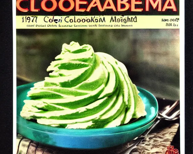 Prompt: 1970's cookbook color photograph of green ambrosia salad whipped cream sharp detail high detail