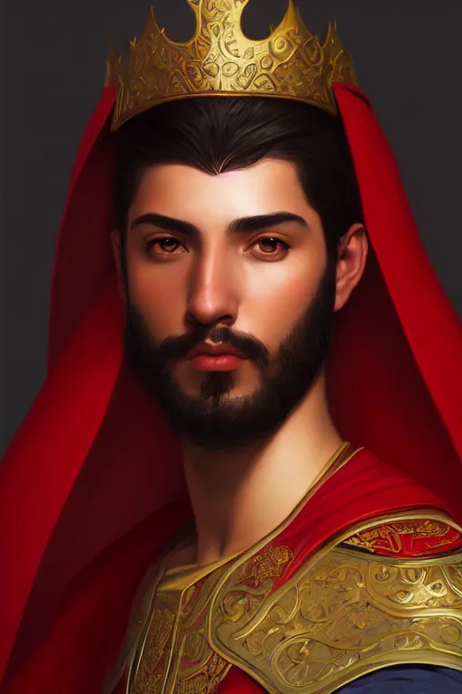 Prompt: a portrait of a hispanic male prince, red cape, illustration, soft lighting, soft details, painting oil on canvas by Edmund Blair Leighton and Charlie Bowater octane render trending on artstation d&d characters, 4k, 8k, HD