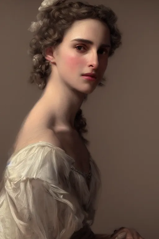 Image similar to Nathalie Portman portrait, loving amber eyes, a shy face, style portrait painting of François Boucher, Oil Painting, unreal 5, DAZ, hyperrealistic, octane render, Regal, Refined, Detailed Digital Art, RPG portrait, William-Adolphe Bouguereau, Michael Cheval, dynamic lighting, Highly Detailed, Cinematic Lighting, Unreal Engine, 8k, HD