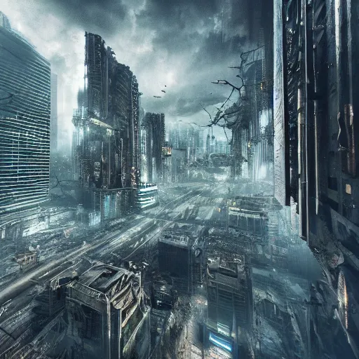 Image similar to terrifying nature destroying a dystopian city, cyberpunk, sharp focus, dynamic lights, still, photograph, hyper realistic, masterpiece, octane render, rendered, 3 d, cinematic, cinematic lighting, dramatic lighting, highly detailed, intricate details, texture, cinematic composition, by donglu yu and kevin jick and eddie del rio