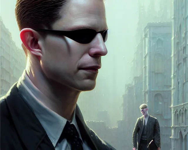 Image similar to highly detailed portrait of albert wesker, in the matrix, stephen bliss, unreal engine, fantasy art by greg rutkowski, loish, rhads, ferdinand knab, makoto shinkai and lois van baarle, ilya kuvshinov, rossdraws, tom bagshaw, global illumination, radiant light, detailed and intricate environment