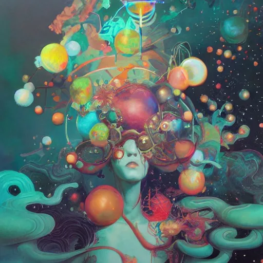 Image similar to surreal gouache painting, by yoshitaka amano, by ruan jia, by conrad roset, by kilian eng, by good smile company, incredibly detailed, of floating molecules and a mannequin artist holding an icosahedron with stars, clouds, and rainbows in the background, cgsociety, retrowave, modular patterned mechanical costume headpiece