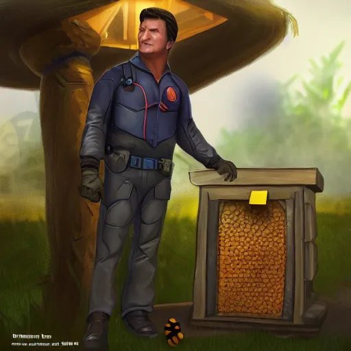 Prompt: Nathan Fillion protecting a photorealistic bee hive portal to another dimension, trending on art station,