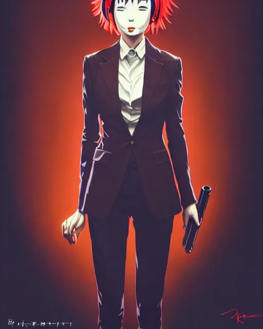 Image similar to clown in a suit | | very very anime!!!, fine - face, audrey plaza, realistic shaded perfect face, fine details. anime. realistic shaded lighting poster by ilya kuvshinov katsuhiro otomo ghost - in - the - shell, magali villeneuve, artgerm, jeremy lipkin and michael garmash and rob rey