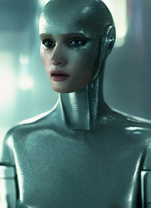 Prompt: hyper realistic and detailed closeup photo of a chrome female android in blade runner by annie leibovitz