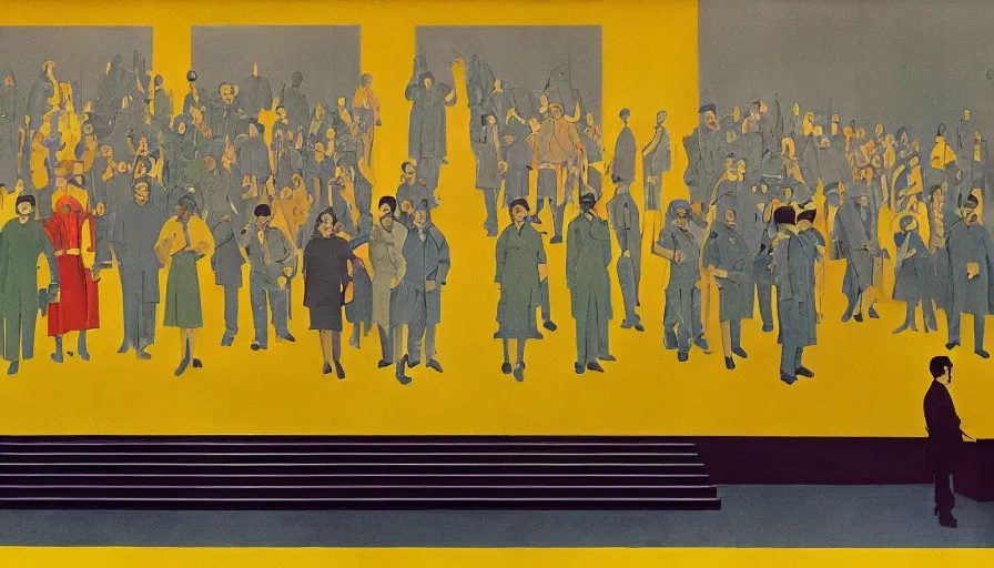 Image similar to 60s movie still of a sovietic stalinist style empty art museum with a soviet congress with yellow wall, technicolor, liminal Space style, heavy grain