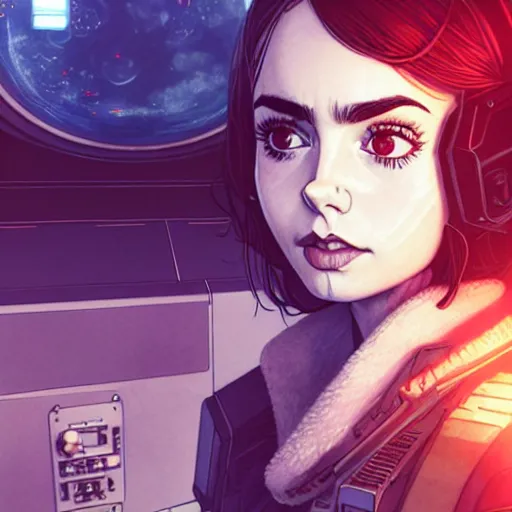 Image similar to character portrait of Lily Collins with gorgeous detailed eyes in the control cabin of a spaceship, color page, tankoban, 4 k, tone mapping, doll, akihiko yoshida, james jean andrei riabovitchev marc simonetti, yoshitaka amano, anime