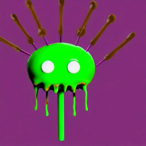 Prompt: one eyed purple alien eating a lollipop made of hardened green slime, it has antennas as ears, signal the camera to get his best side, varying angles, wide shot, golden hour