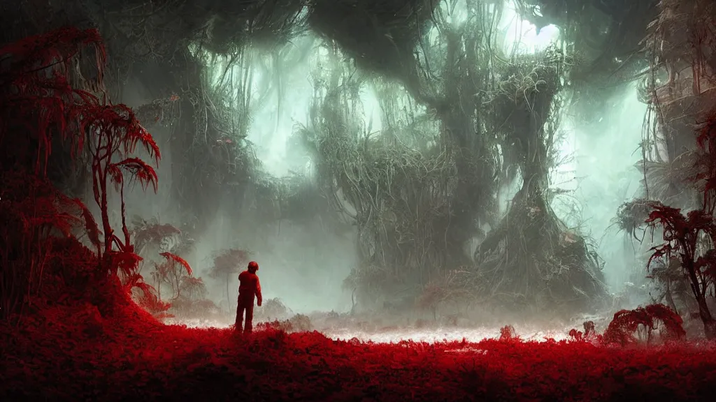 Image similar to a Photorealistic dramatic Matte painting,Looking through deep inside an Alien planets dense red forest there is a gigantic crashed spaceship,a lone astronaut in a white spacesuit with lights is exploring outside,hundreds of tall gigantic monster carnivorous Red Venus Flytrap plants and glowing bulbs,translucent wet and slimy plant life by Greg Rutkowski,Craig Mullins,James Paick,Fenghua Zhong,a misty haze,Beautiful dramatic dark moody nighttime lighting,Cinematic Atmosphere,Volumetric,Terragen,Octane Render,artstation,8k