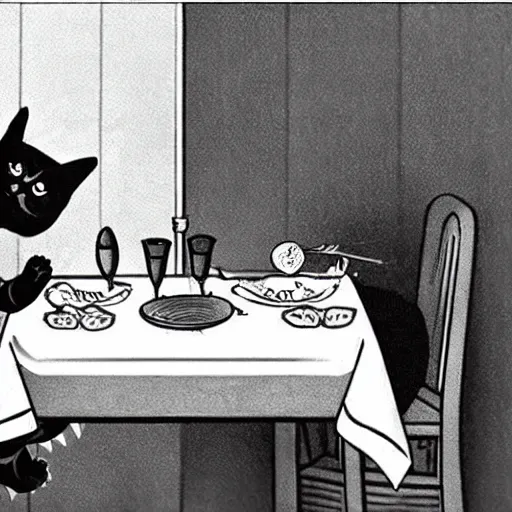 Prompt: a cat eating in gourmet restaurant, 1900's artstyle