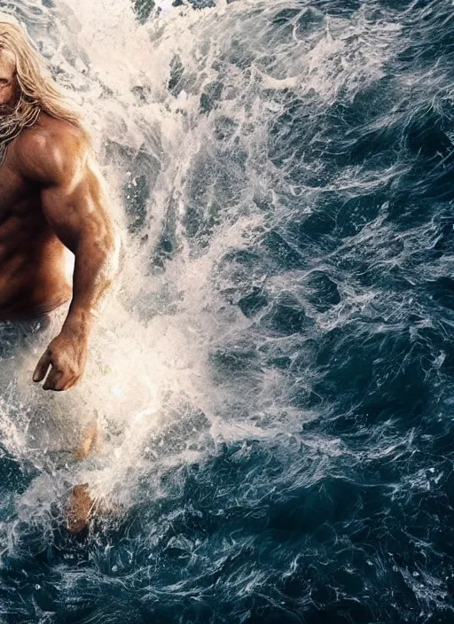 Prompt: rugged zeus in the ocean, god of thunder, greek god, white hair, masculine, powerful, handsome, upper body, white robe, in mortal kombat, splash art, movie still, cinematic lighting, dramatic, octane render, long lens, shallow depth of field, bokeh, anamorphic lens flare, 8 k, hyper detailed, 3 5 mm film grain