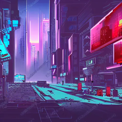 Image similar to Cyberpunk City, background art, Lucas Arts Adventure