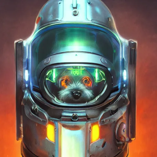 Prompt: tesla power armor realistic cyborg anthropomorphic teacup yorkshire terrier electric field glowing, cyberpunk, portrait art by donato giancola and greg rutkowski, realistic face, glowing in tesla electricity visible magnetic field, digital art, trending on artstation, symmetry