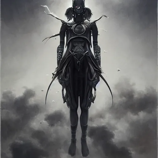 Image similar to By Tom Bagshaw, ultra realist soft painting portrait of curiosities carnival by night, very beautiful single outlaw star ninja armor, symmetry accurate features, very intricate details, ominous sky, black and white, volumetric light clouds