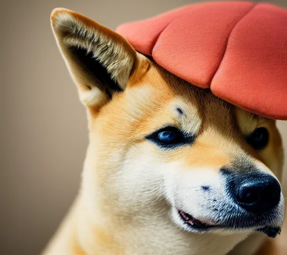 Image similar to a portrait of shiba inu with a mushroom cap growing on its head by luis royo. intricate. lifelike. soft light. sony a 7 r iv 5 5 mm. cinematic post - processing