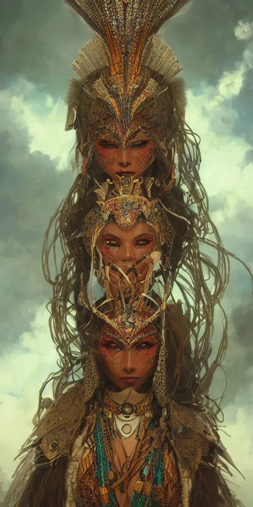 Image similar to a Photorealistic dramatic fantasy render of a beautiful woman wearing a beautiful intricately detailed Aztec Insect shaman mask and costume by WLOP,Artgerm,Greg Rutkowski,Alphonse Mucha, Beautiful dynamic dramatic dark moody lighting,shadows,cinematic atmosphere,Artstation,concept design art,Octane render,8K