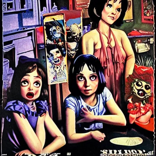 Prompt: Horror movie poster with evil Nendroid girls on a table looking up at the camera, by Graham Humphreys, movie poster, horror