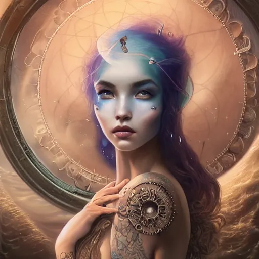 Image similar to tom bagshaw, ocean depths cosmic waves curiosities in steampunk lovecraftian world, beautiful asian mix of dove cameron madison beer bella poarch in a full dress, pure makeup, professionally retouched, focus eyes, ultra realistic soft painting, insanely detailed linework, symmetrical accurate intricate features, behance, 8 k