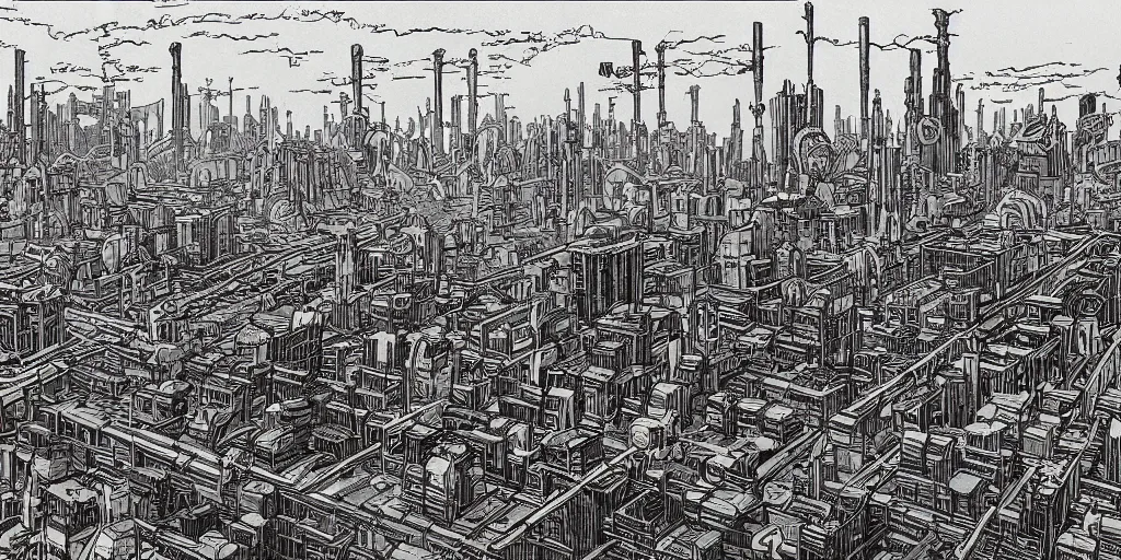 Prompt: sprawling Atompunk city with spouts of steam, by Moebius