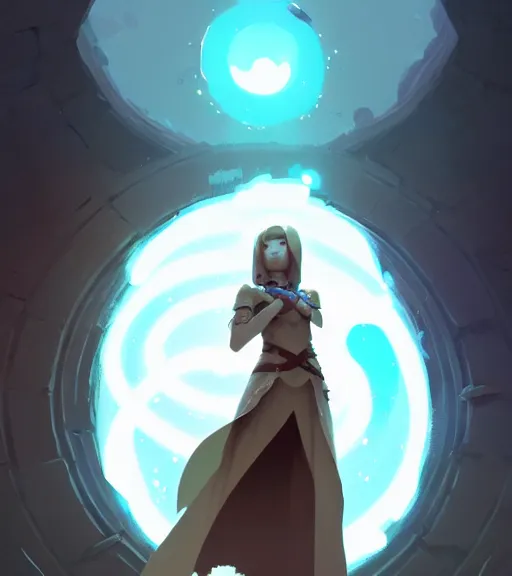 Image similar to a full body portrait of a female mage, d & d, fantasy, standing near a portal by atey ghailan, by greg rutkowski, by greg tocchini, by james gilleard, by joe fenton, by kaethe butcher, dynamic lighting, gradient light blue, brown, blonde cream and white color scheme, grunge aesthetic