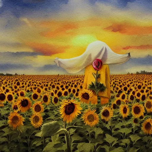 Image similar to Bedsheet Ghost in a field of sunflowers, sunset, Watercolor, photorealistic, high resolution, award winning, trending on artstation