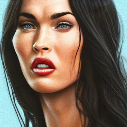 Image similar to megan fox sticking her tongue out. hyperrealistic portrait, photo realistic, poster, artstation, volumetric lighting, digital art, very detailed face by magali villeneuve and by richard meril