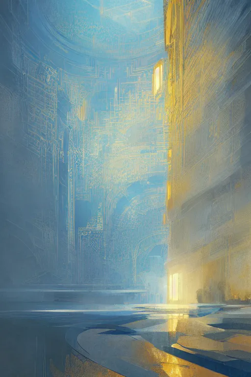 Image similar to art deco patterns, blue and gold, 8 k, powerfull, intricate, elegant, volumetric lighting, scenery, digital painting, highly detailed, artstation, sharp focus, illustration, concept art, ruan jia, steve mccurry, beksinski