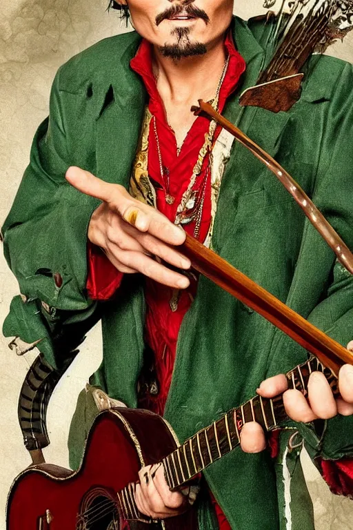 Image similar to Breathtaking comic book style of Johny Depp portrayed as a Dungeons and Dragons bard, playing the lute and wearing a pale green jacket in the style of Ralph Dorsey