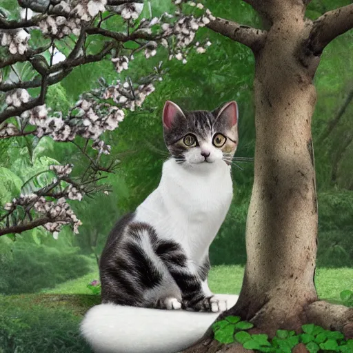 Image similar to cute cat with white magnolia trees inspired by Ferdinand Knab, artstation, 8k, photorealism