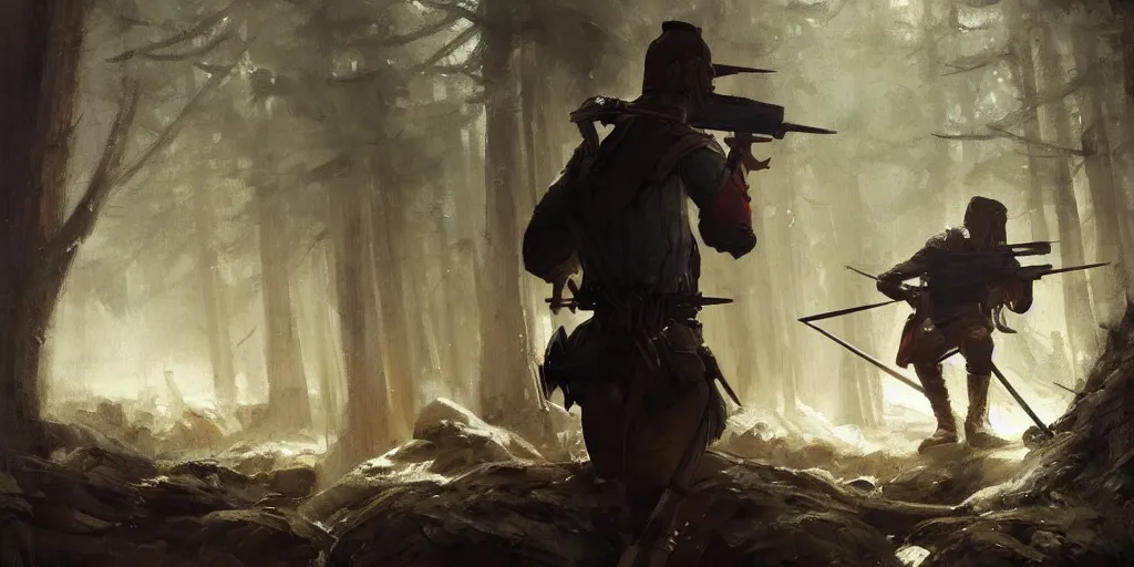 Image similar to a painting of a medieval hunter aiming at a man with his rifle inside a log cabin by greg rutkowski, dark fantasy art, high detail, trending on artstation