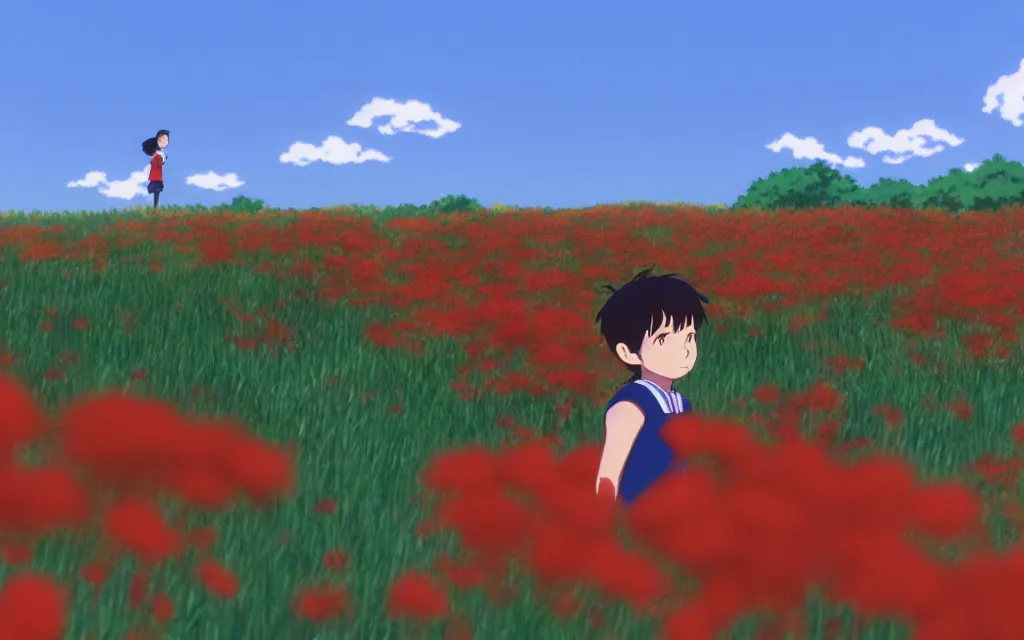 Prompt: a boy wearing a red sport jersey day dreaming on a field of flower, beautiful bright blue sky. 35mm film. makoto shinkai, studio ghibli.