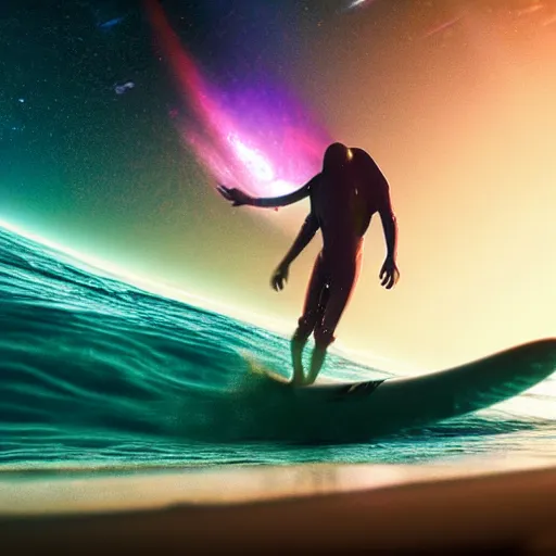 Image similar to photo of a alien surfing a surfboard on a crashing l wave of alien ocean in space, background is an alien galaxy, aliens in the background, alien colors, octane render, unreal engine, wide view, 8 k, high detaild