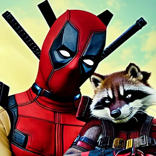 Image similar to deadpool and rocket raccoon together digital art 4 k detailed super realistic