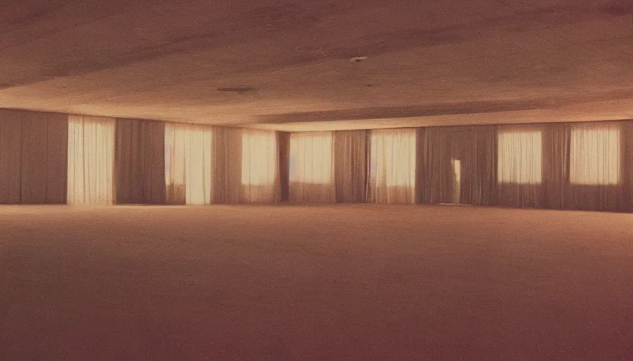 Image similar to 70s movie still of a high ceiling empty ballroom , cinestill 800t Technicolor, heavy grain, high quality, criterion collection, liminal space style