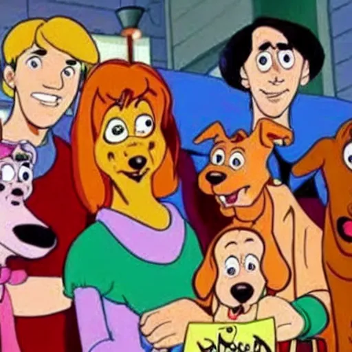 Prompt: scooby - doo on deathbed, freinds and family surround him with love, shaggy holding his paw, uplifting, hospice, hannah barbera, animated tv show