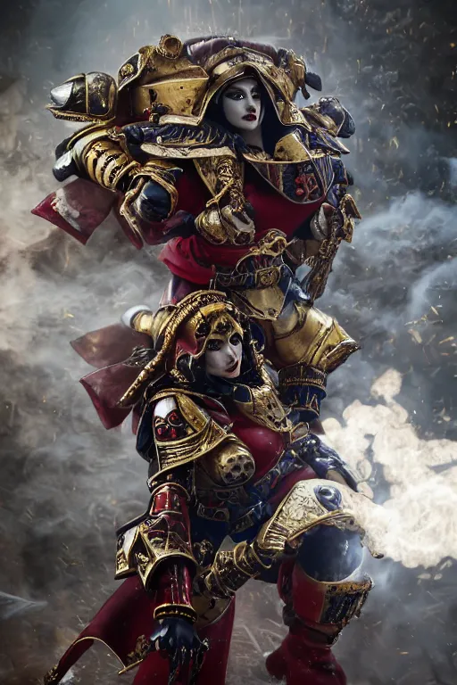 Image similar to a photo of adepta sororitas, warhammer 4 0 k setting, dynamic pose, close - up, intricate details, intricately detailed clothing, intricate textures, warm lighting, vivid colors, smoke and mist, realistic octane render, hyper realistic render, volumetric shading, depth of field, raytracing, 8 k,