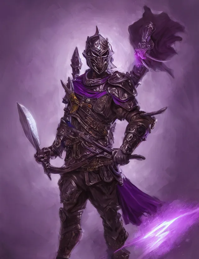 Image similar to a masked warrior in purple armour glowing violet, wielding a large purple sword that flashes with lightning, by frank fazetta and peter mohrbacher, trending on artstation, digital art, 4 k resolution, detailed, high quality, hq artwork, coherent, insane detail, concept art, character concept, character full body portrait