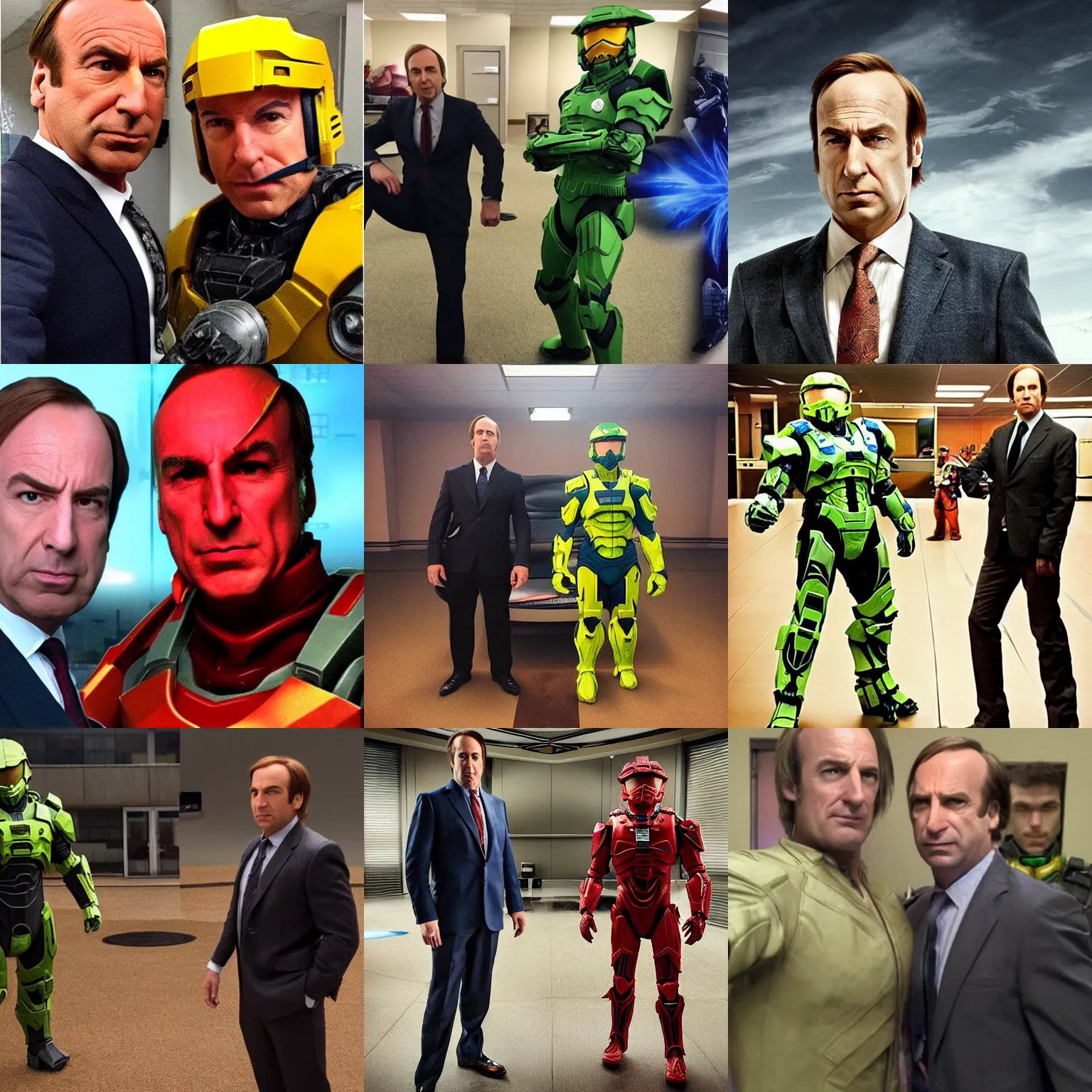 Prompt: Saul Goodman from better call saul posing∑ side by side with Master Chief , pre fight photo, Hight quality picture